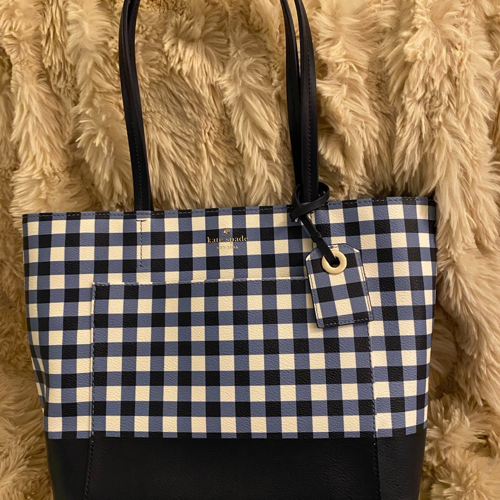 Kate Spade Navy and White Buffalo Check Tote Bag with Structured Design